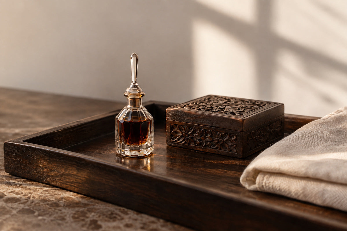 A perfume oil bottle with a glass dropper beside a closed carved wooden box on a dark tray, with folded linen cloth next to them