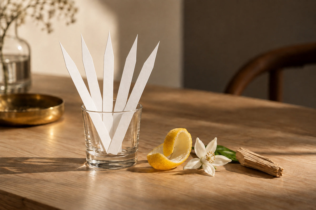Perfume test strips in a glass on a wooden table, beside lemon peel, a white flower and a piece of wood