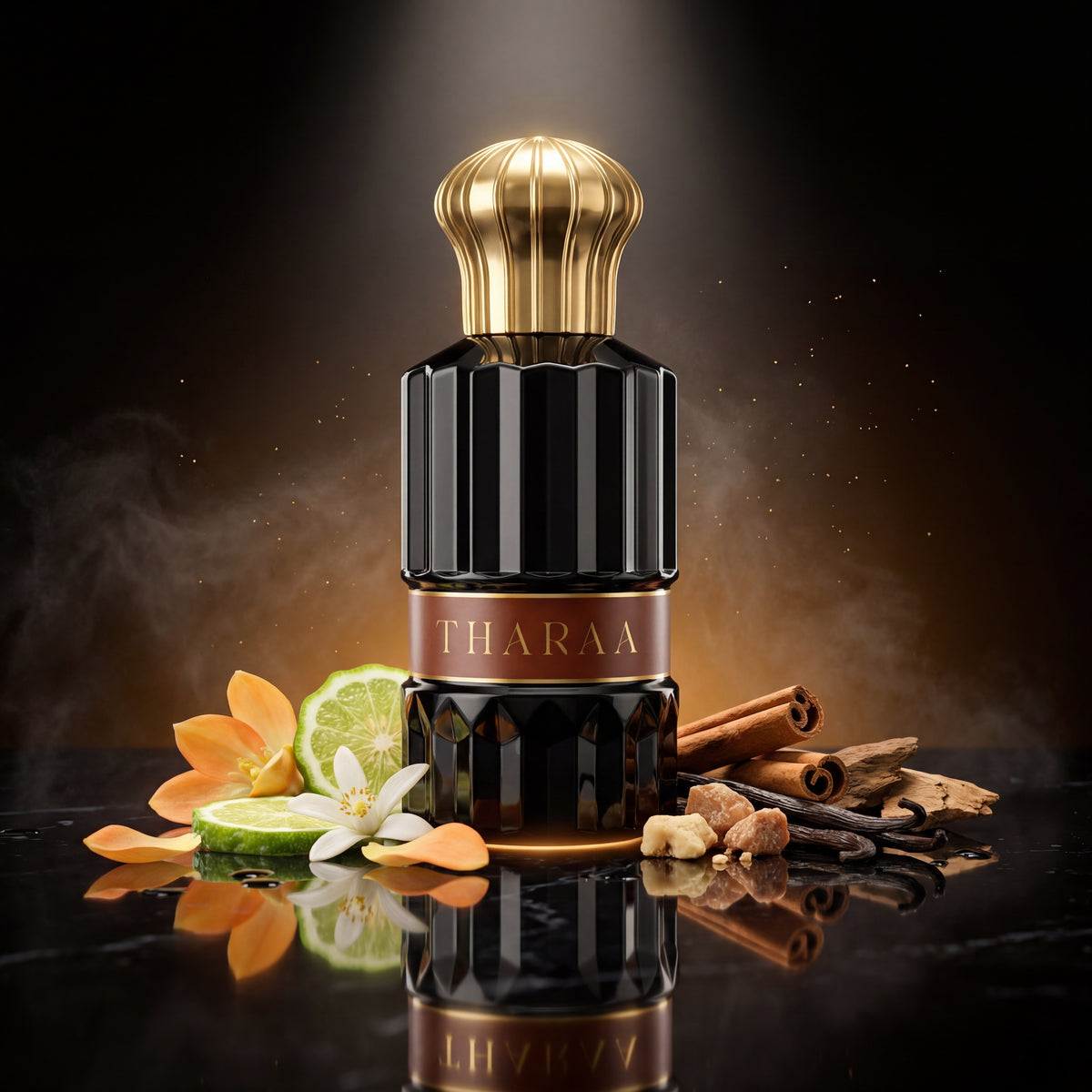Tharaa Perfume 100 ml on a dark surface among flowers, citrus slices, cinnamon sticks and vanilla pods