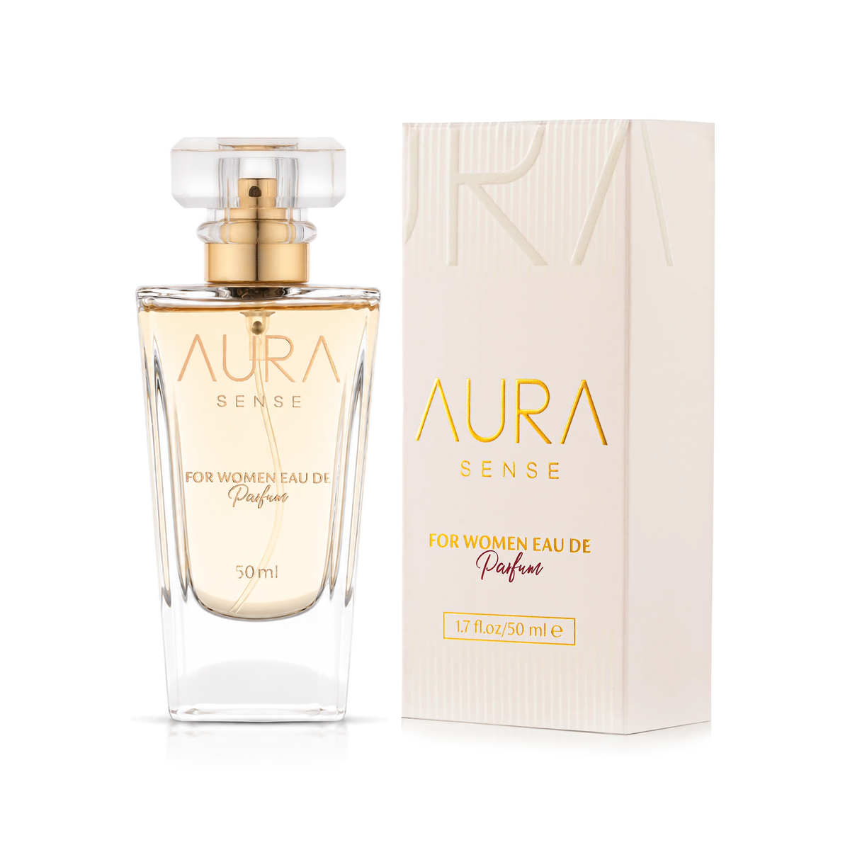 Aura Sense 50 ml perfume from the Al Dalal Bundle in a clear bottle with a gold cap beside its pale pink box