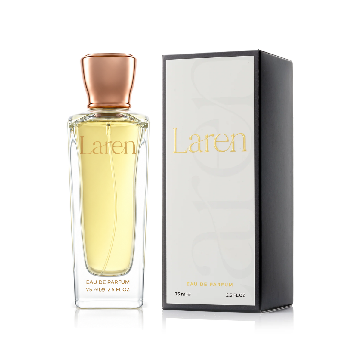 Laren perfume from Al Durra Bundle, yellow bottle with copper cap beside its white and black box on white