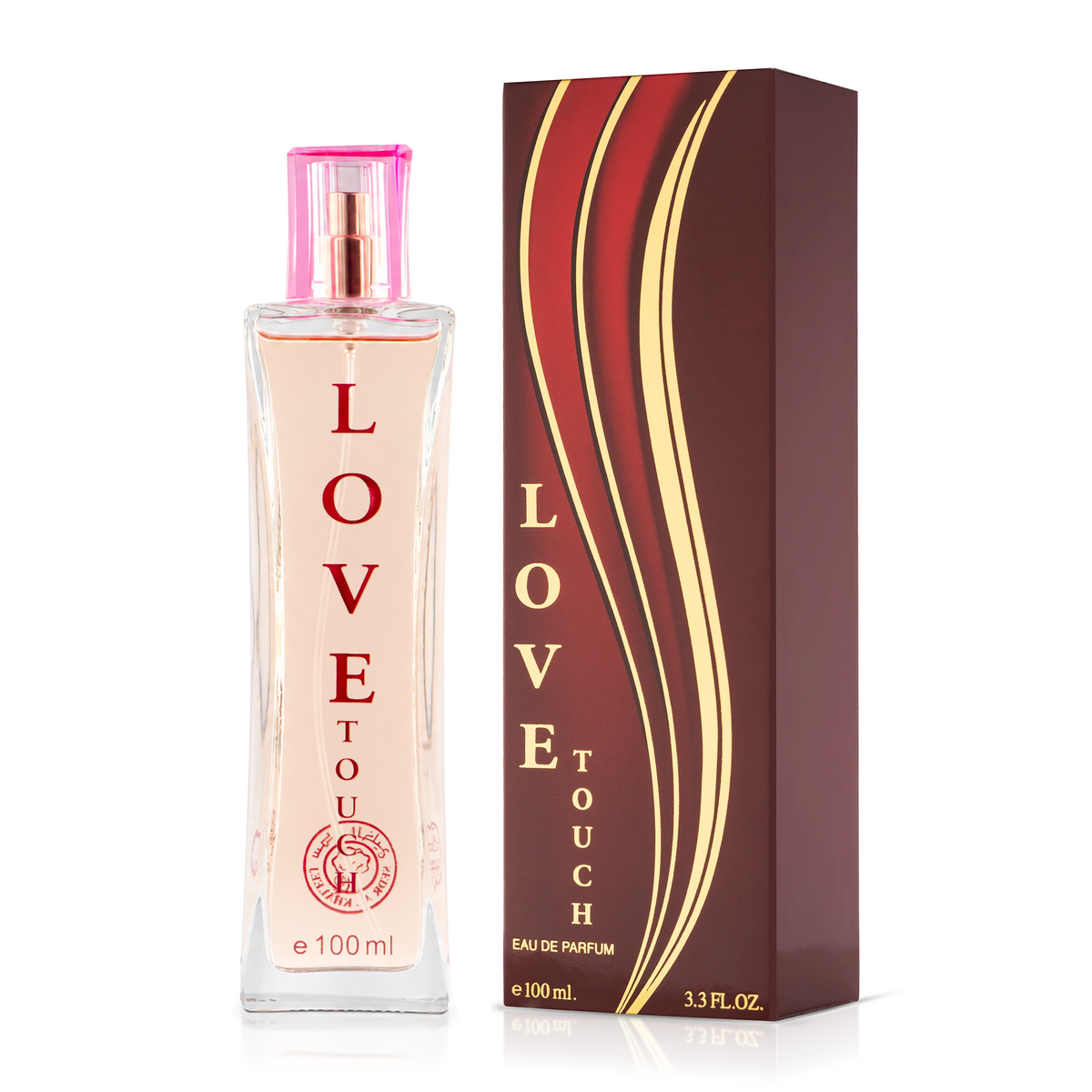 Love Touch perfume 100 ml from Al Durra Bundle, pink bottle beside its dark red box on a white background