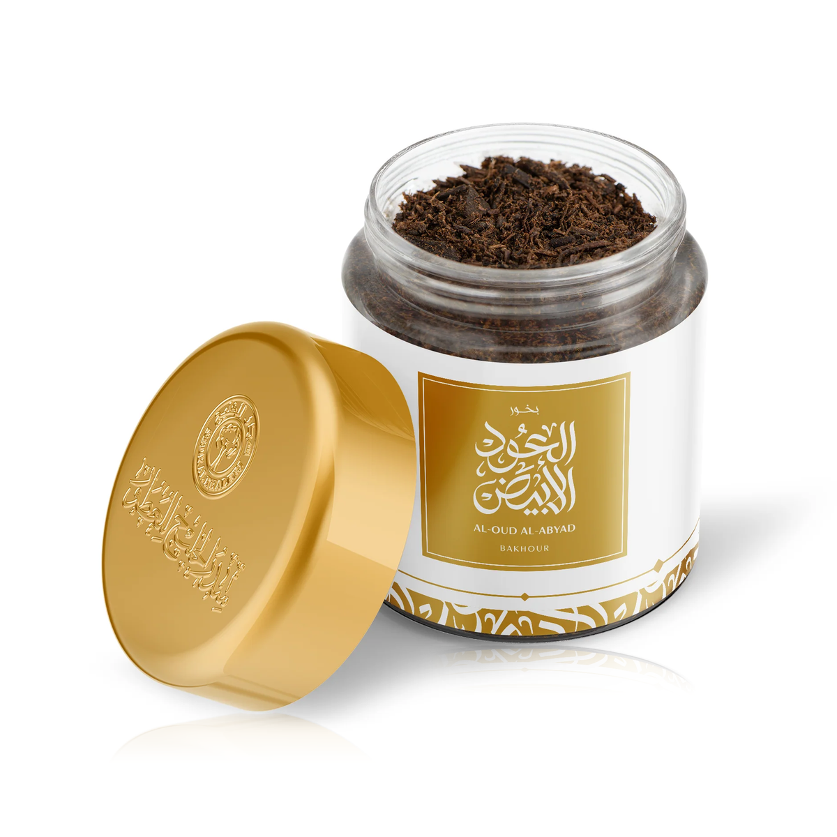 Open Al-Oud Al-Abyad Bakhour jar showing the incense pieces