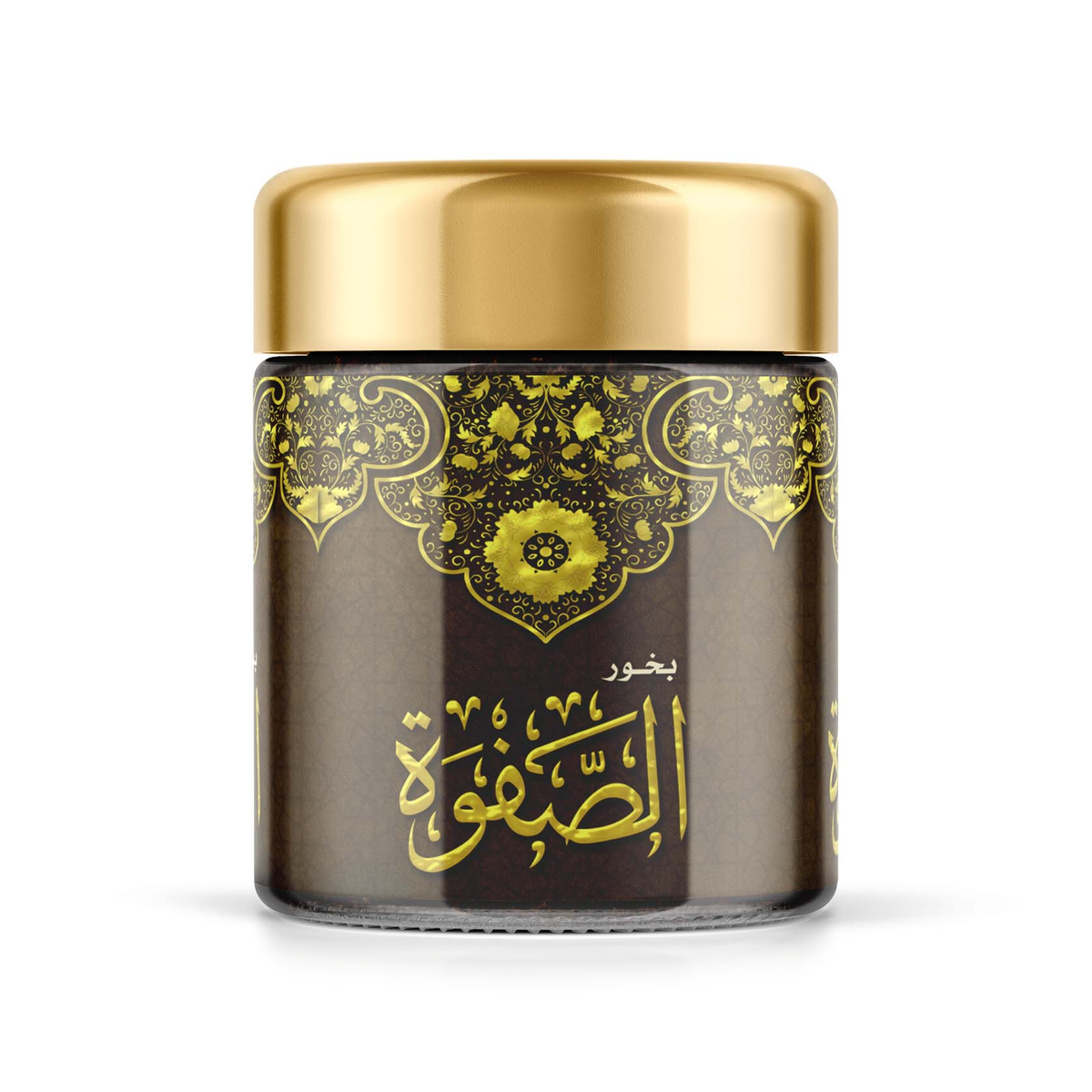 Al Safwah Bakhoor 40 g: a close-up of a brown jar with a gold lid and gold ornaments on a white background