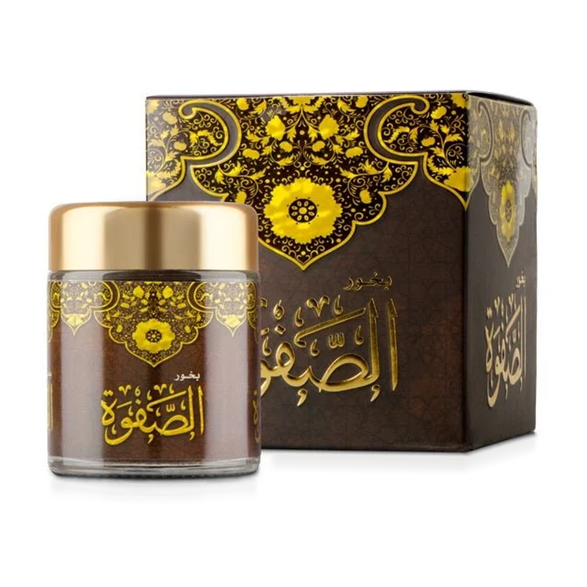 Al Safwah Bakhoor 40 g: a jar with a gold lid beside its brown box with gold ornaments on a white background