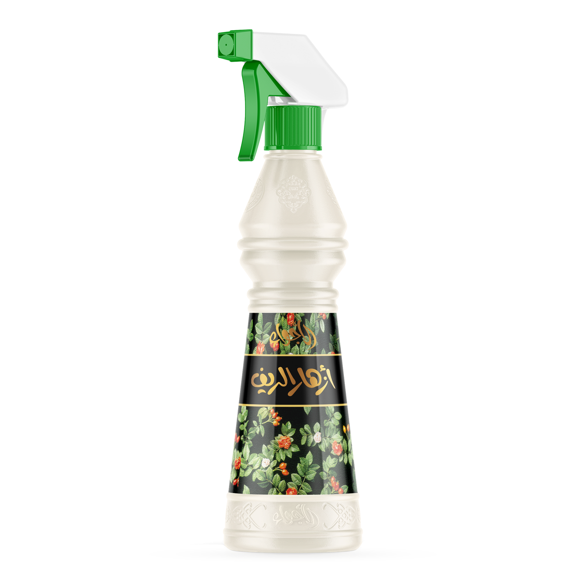 معطر الجو أزهار الريف 500 مل: عبوة بيضاء ببخاخ أخضر وملصق أسود بزهور حمراء على خلفية بيضاء