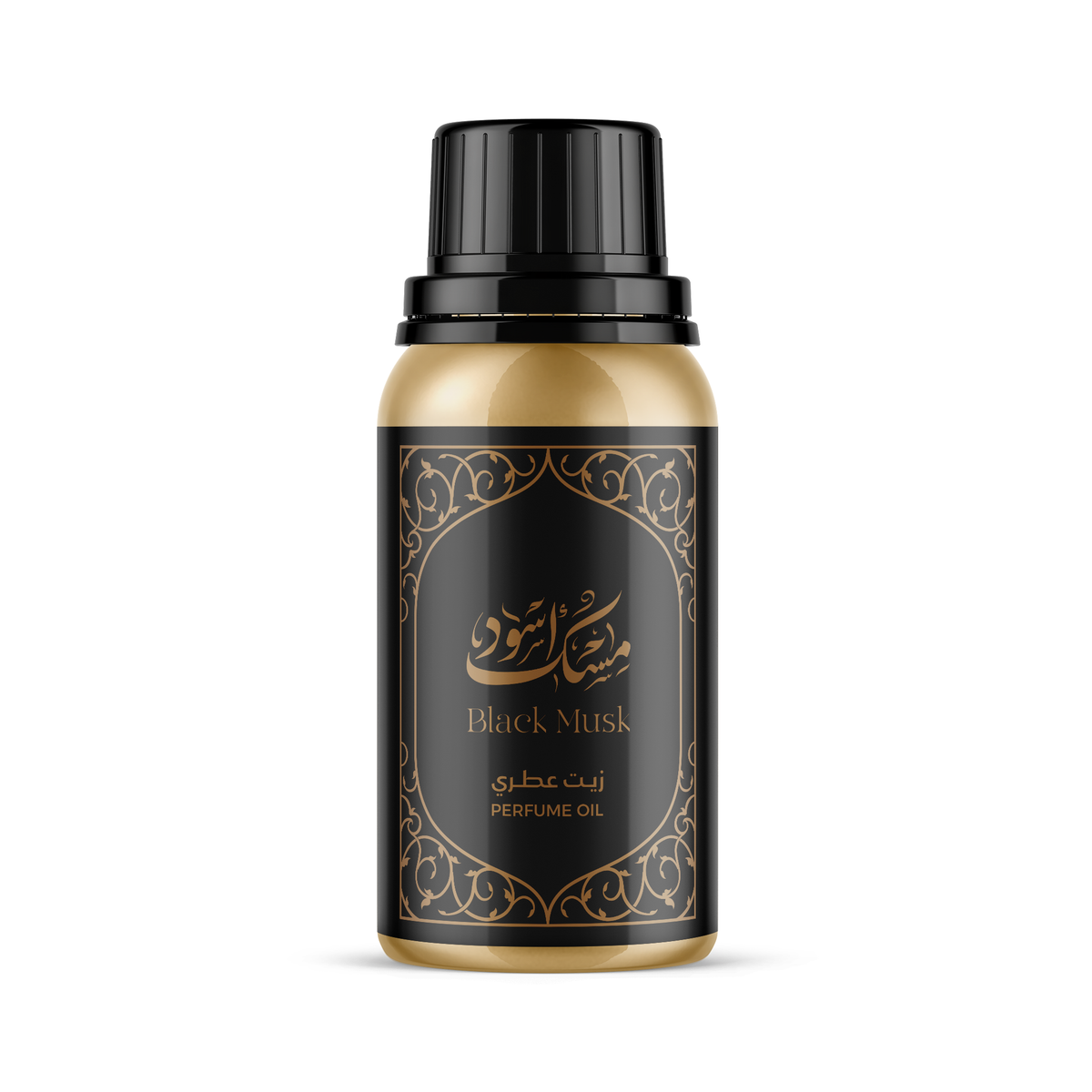 عبوة زيت عطري مسك أسود الذهبية بغطاء أسود وملصق أسود مزخرف وحدها