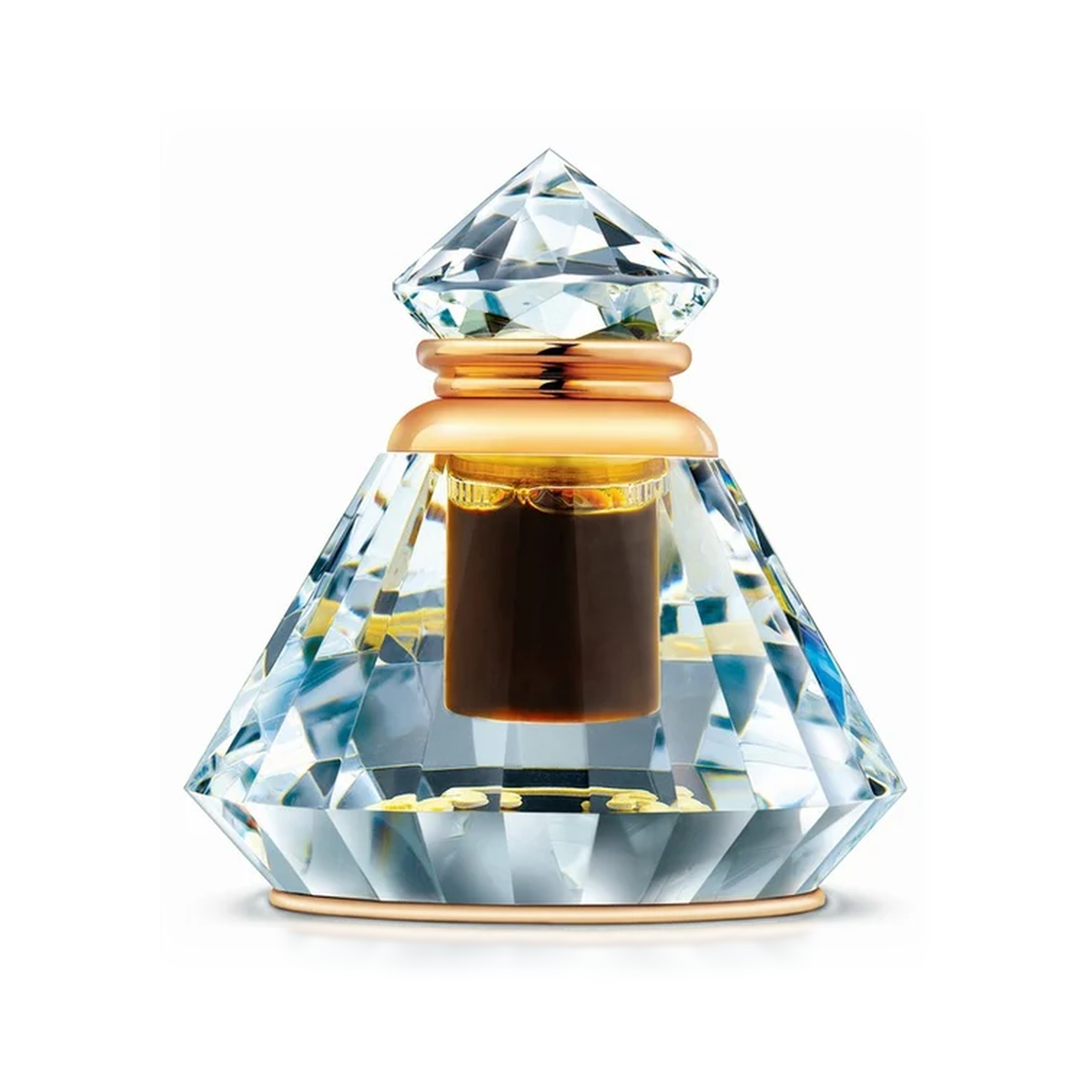Dehn Oud Al-Nafees 6 ml in a faceted crystal bottle with a gold ring on a white background