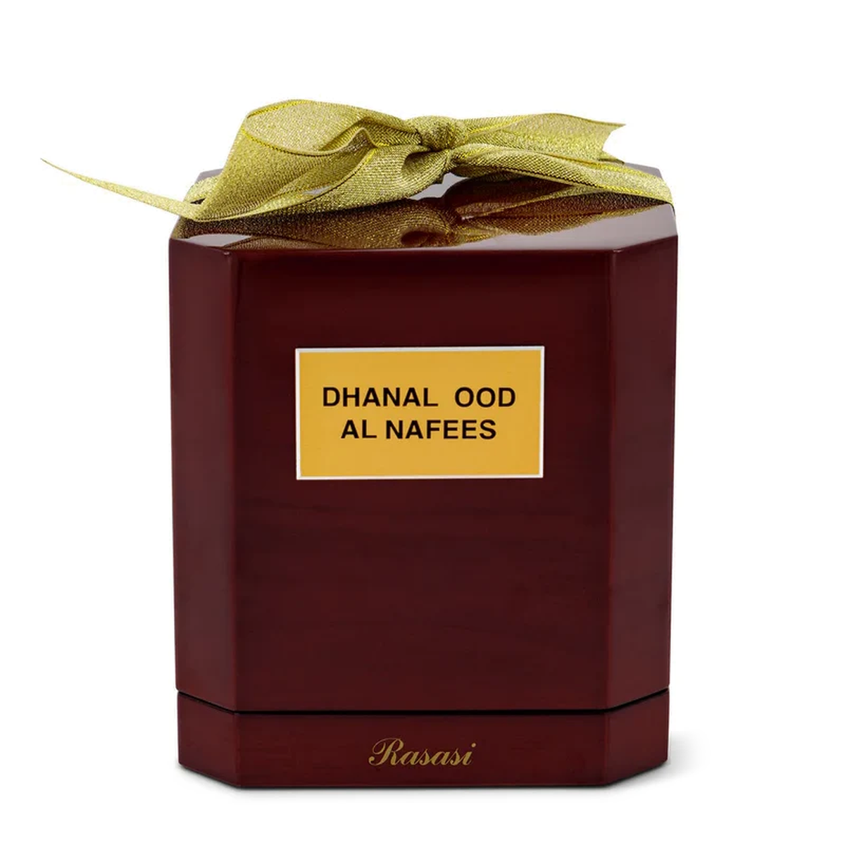 The dark red wooden box of Dehn Oud Al-Nafees 6 ml tied with a gold ribbon on a white background