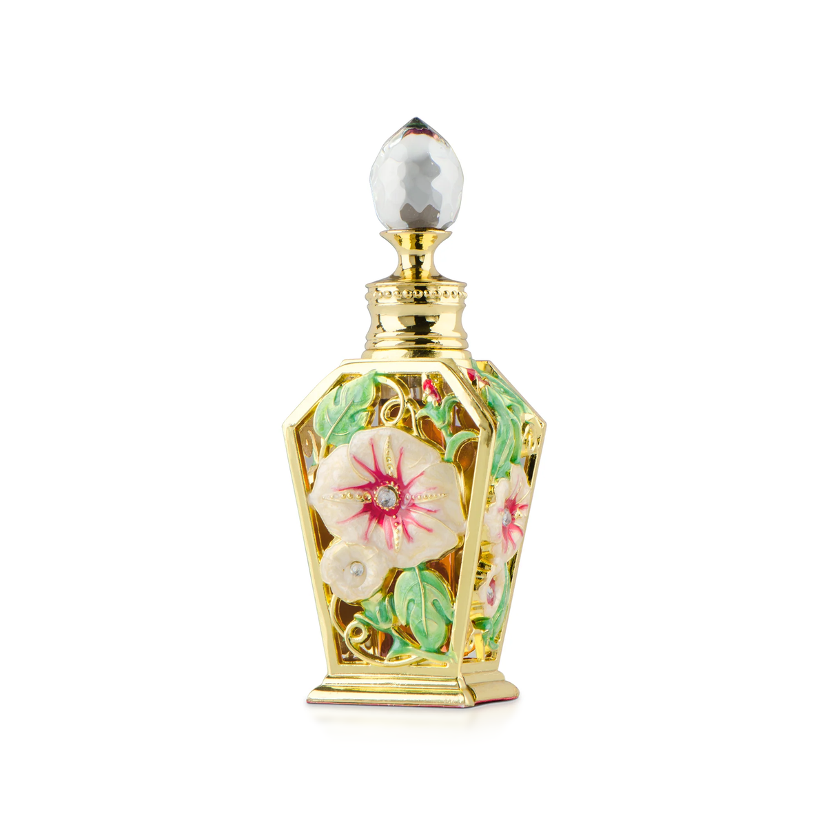 Eghra Perfume Oil 9 ml in a gold bottle decorated with flowers and a crystal-cut cap on a white background