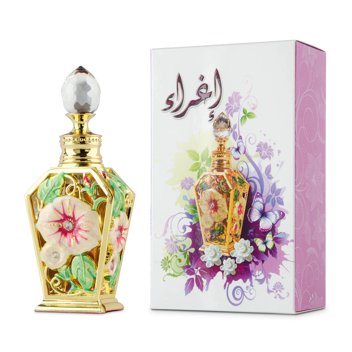 عطر إغراء 9 مل بزجاجته الذهبية المزخرفة بجانب علبته الوردية على خلفية بيضاء