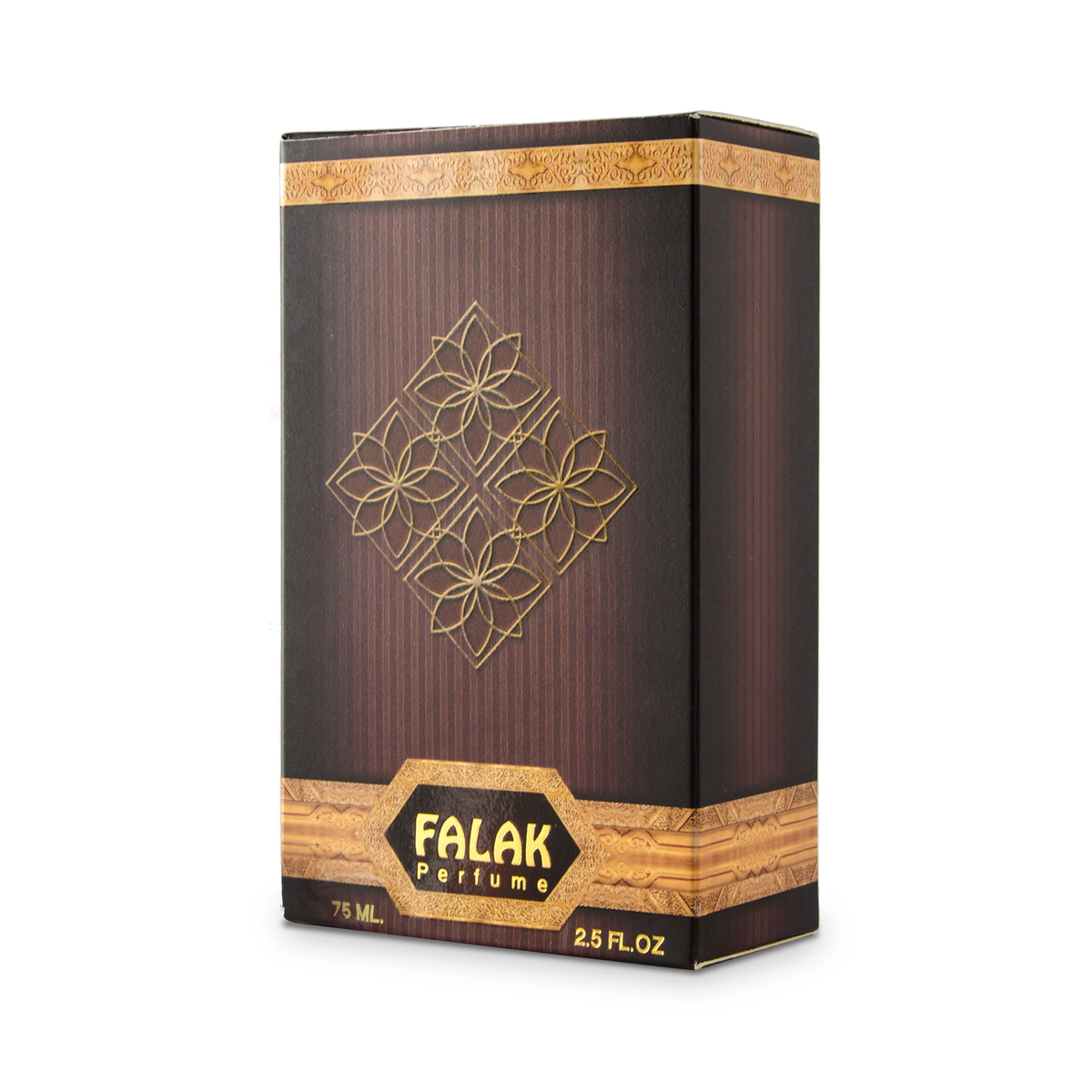 Falak Perfume 75 ml brown box with a gold pattern on a white background