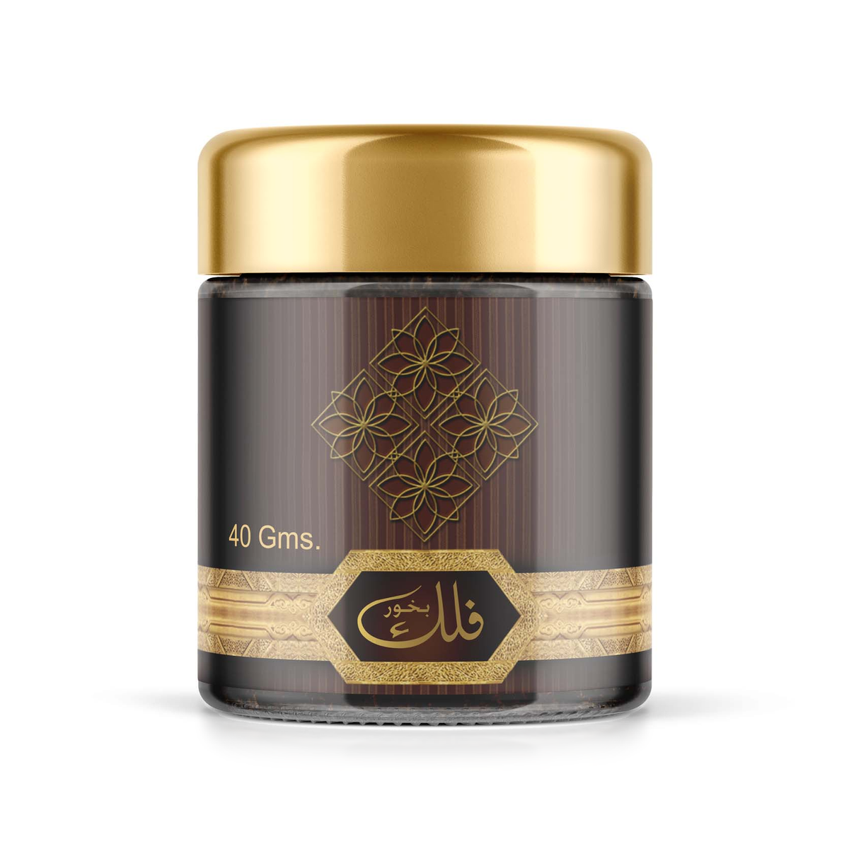 Falak Bakhoor 40 g glass jar with gold ornament and a gold lid on a white background