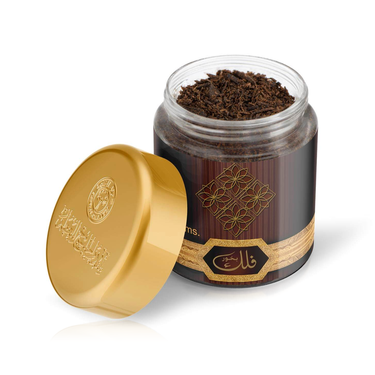 Falak Bakhoor 40 g jar open to show the brown bakhoor pieces, its gold lid propped beside it