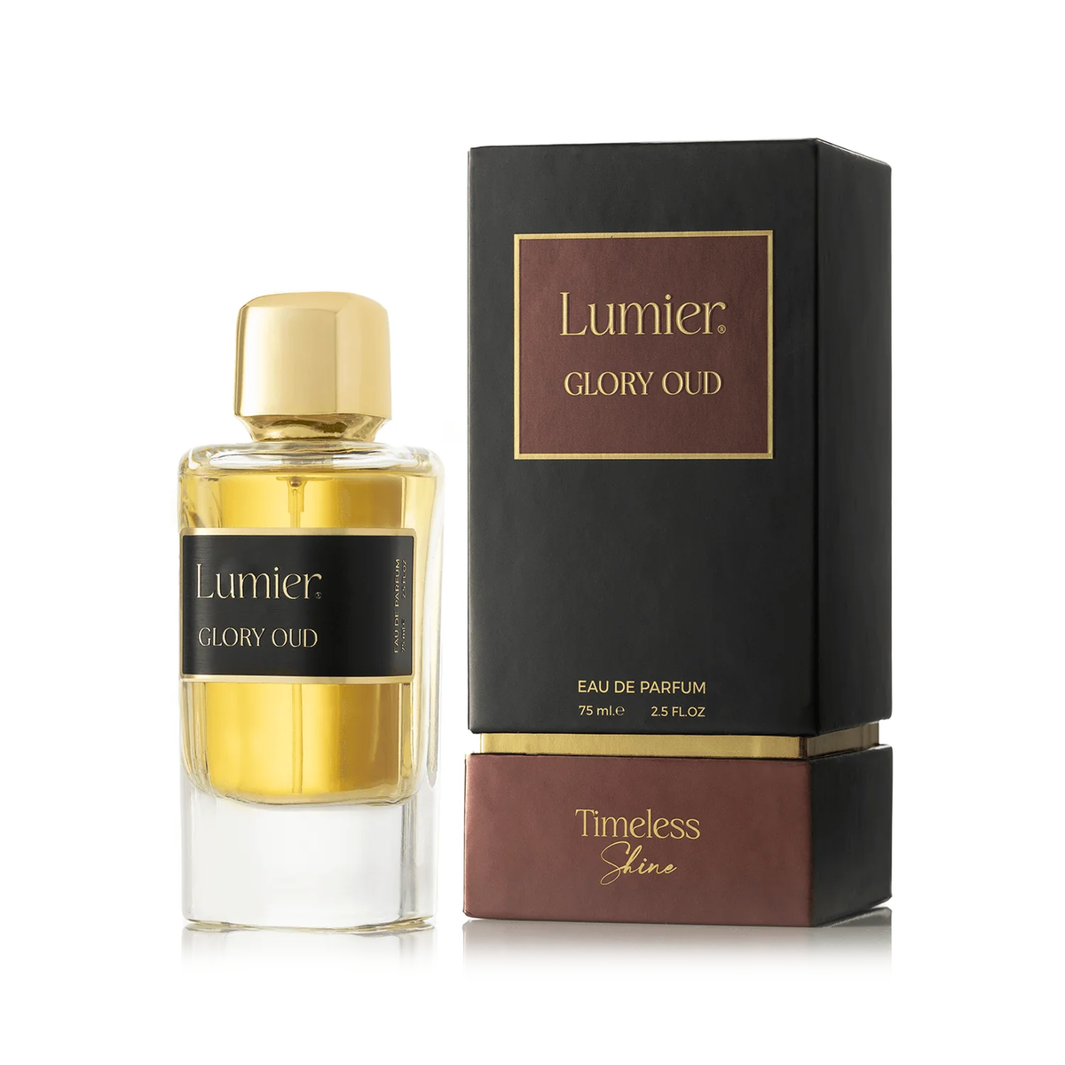 Glory Oud Perfume 75 ml, golden bottle with gold cap beside its black box on a white background