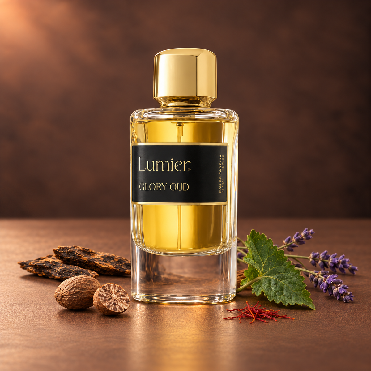عبوة عطر جلوري عود 75 مل مع اللافندر والزعفران وجوزة الطيب والعود والباتشولي