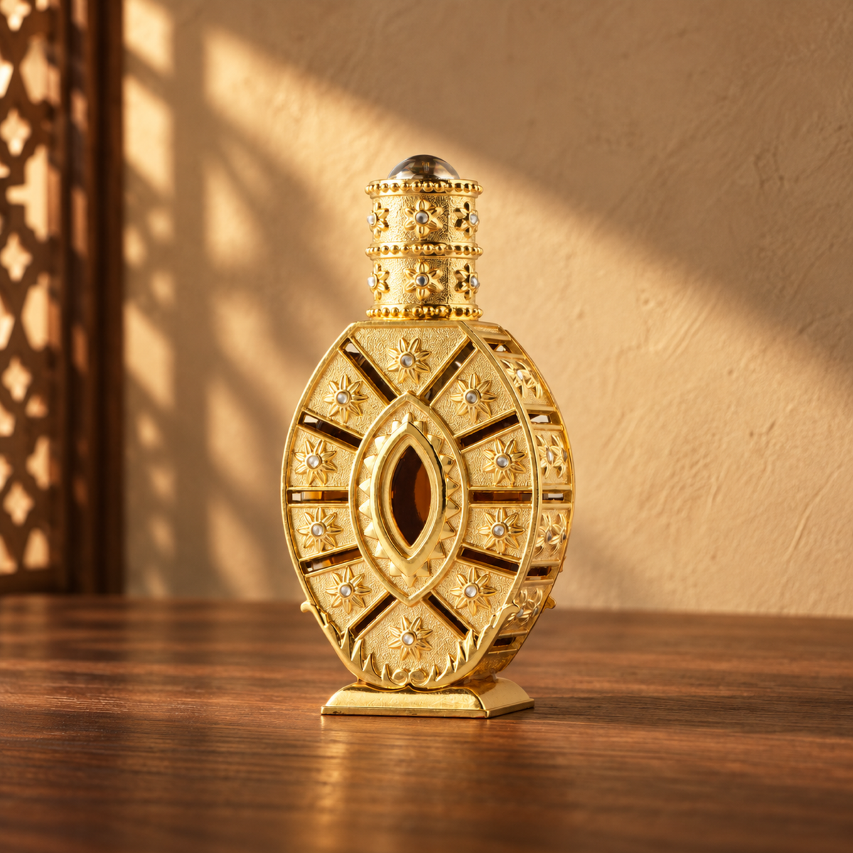 Ornate gold Janubiah perfume bottle on walnut wood against a sand-coloured wall, in angled sunlight with a wooden-screen shadow.