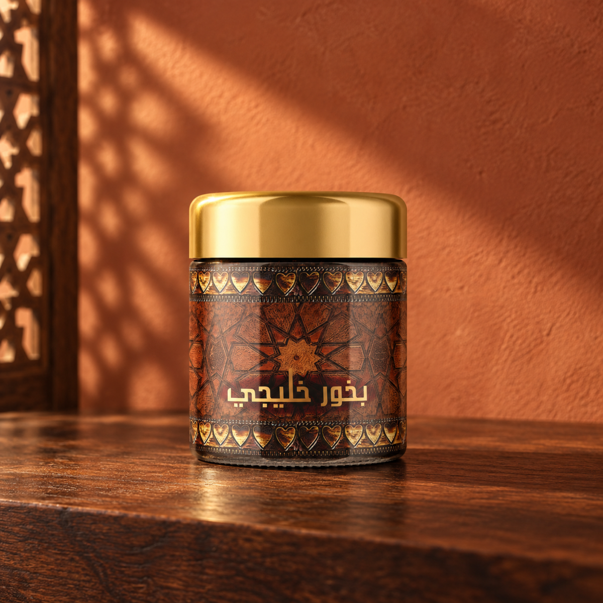 بخور خليجي 40 غم من سدر الخليج؛ برطمان بغطاء ذهبي وملصق بني مزخرف على خشب أمام جدار طيني في ضوء الشمس.