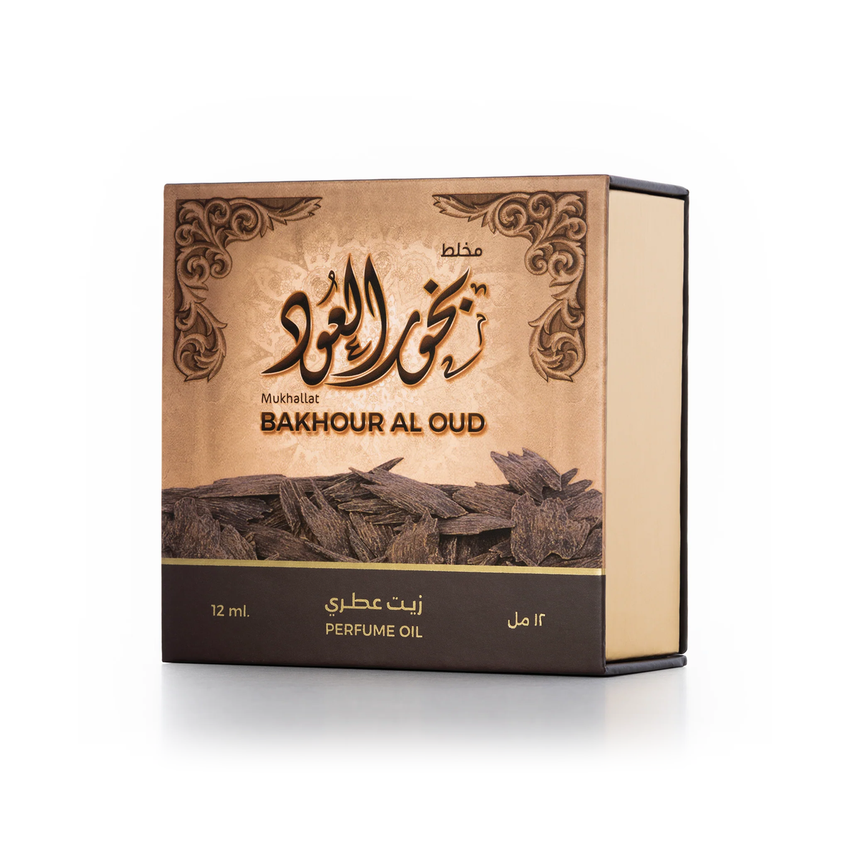 Oud Bakhoor Mukhallat Oil 12 ml box printed with an image of oud pieces on a white background