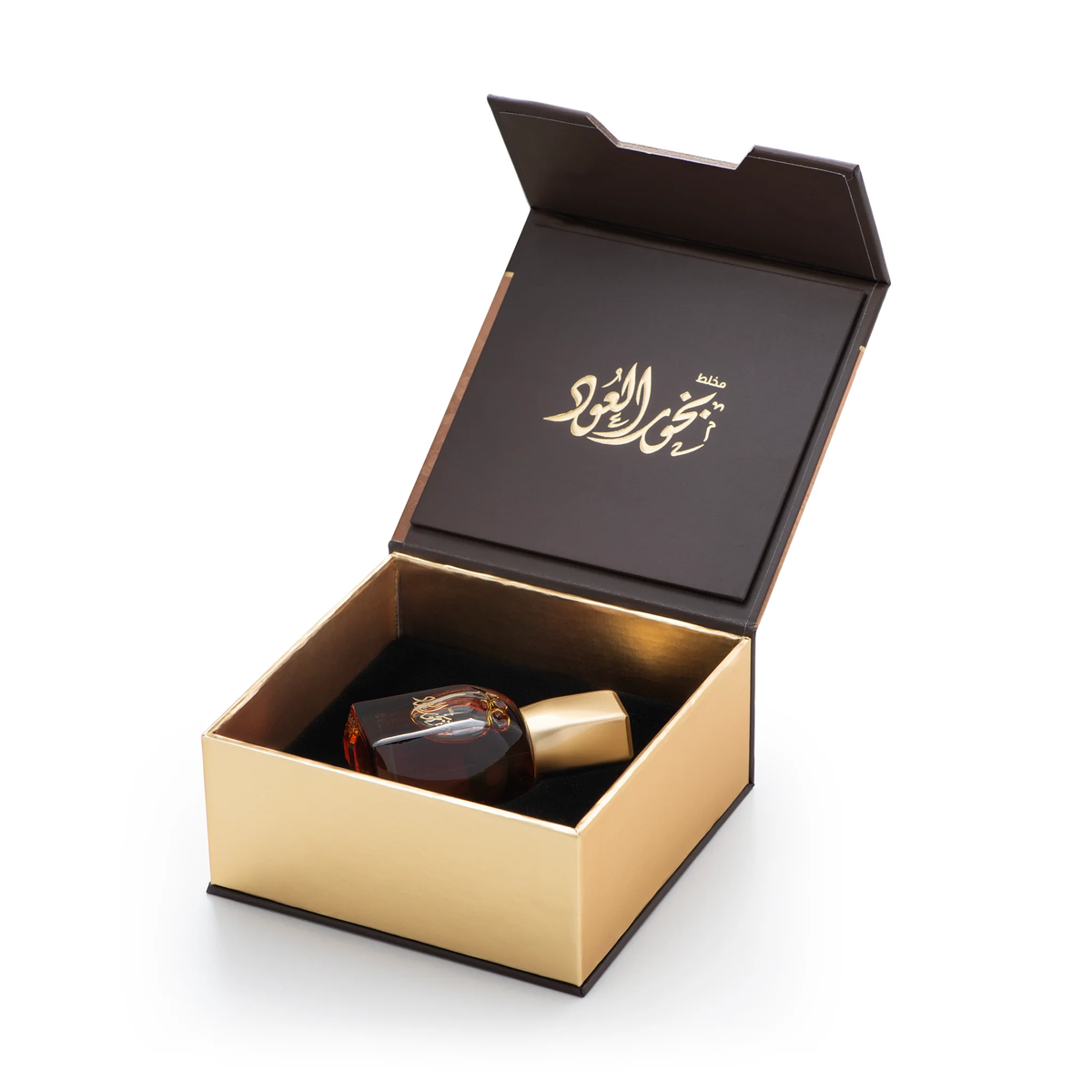 Oud Bakhoor Mukhallat Oil 12 ml inside an open gold gift box with a brown lid