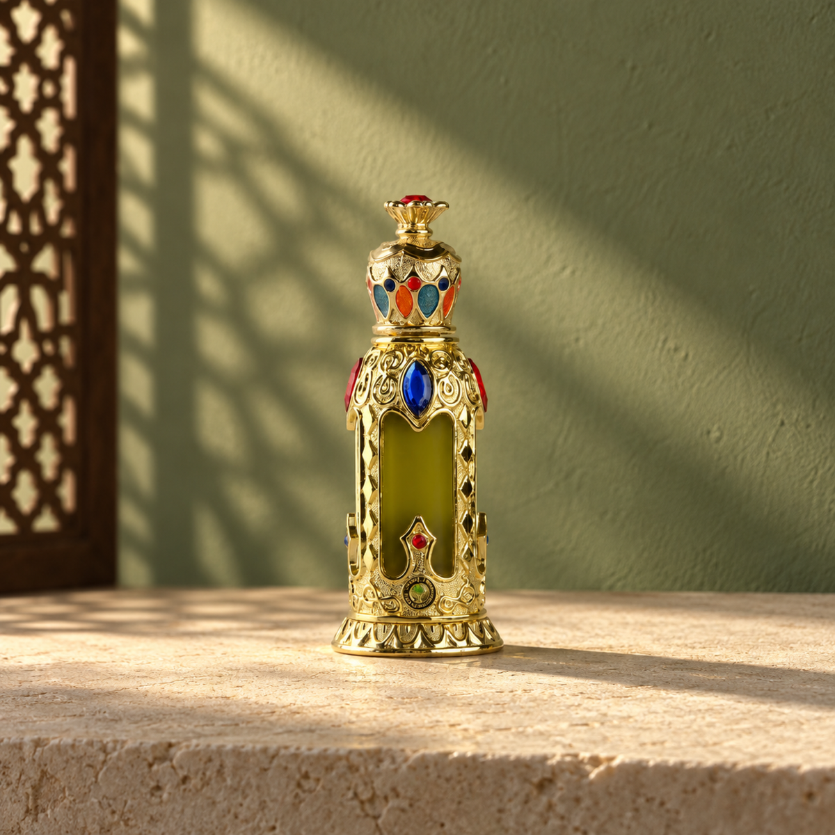 Ornate gold Naseem Aljanob perfume bottle with blue and red stones on limestone against a sage-green wall in angled sunlight.