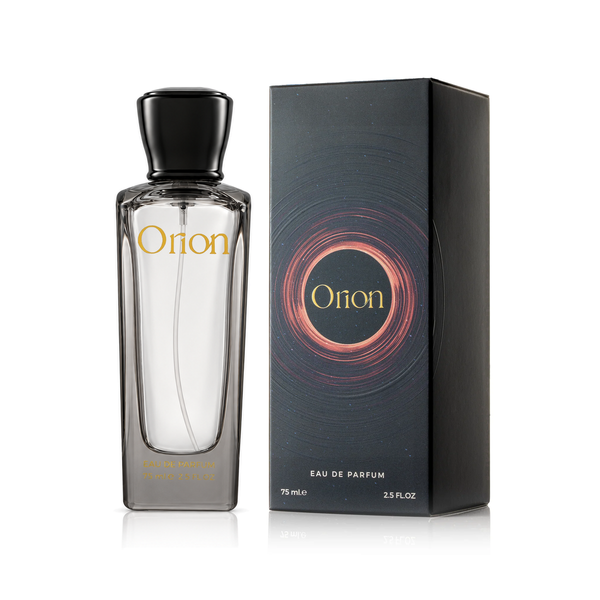Orion 75 ml perfume bottle beside its box