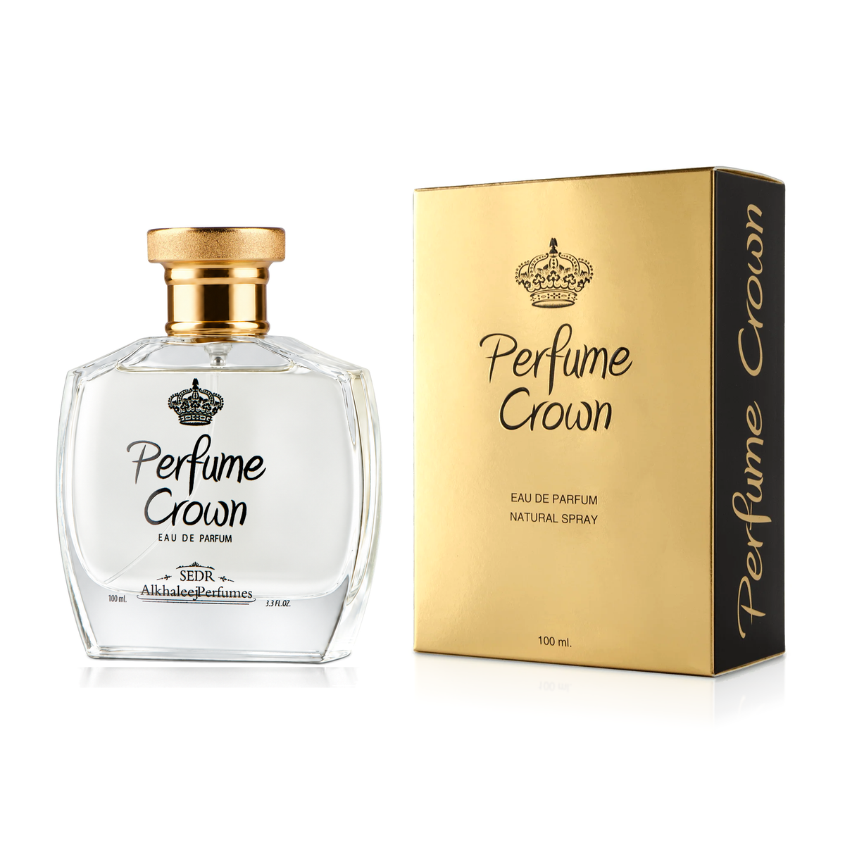 عطر بيرفيوم كراون 100 مل بزجاجة شفافة وغطاء ذهبي بجانب علبته الذهبية والسوداء على خلفية بيضاء