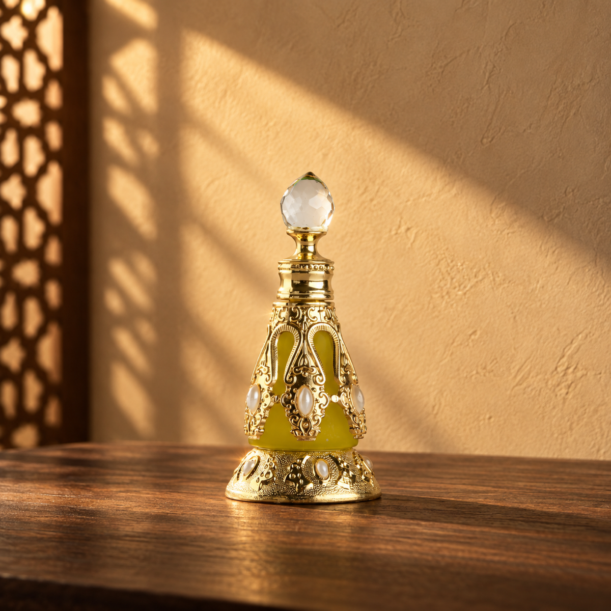Gold Rwaby perfume bottle with a crystal stopper and white stones, alone on walnut wood against a sand-coloured wall in angled sunlight.