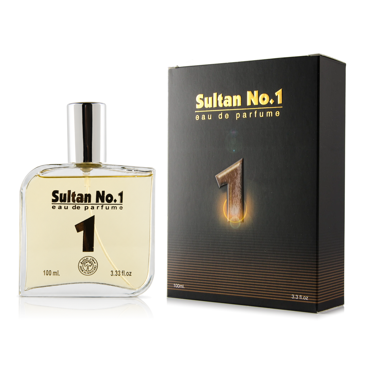 عطر سلطان نمبر 1 - 100 مل بزجاجة مربعة وغطاء فضي بجانب علبته السوداء على خلفية بيضاء