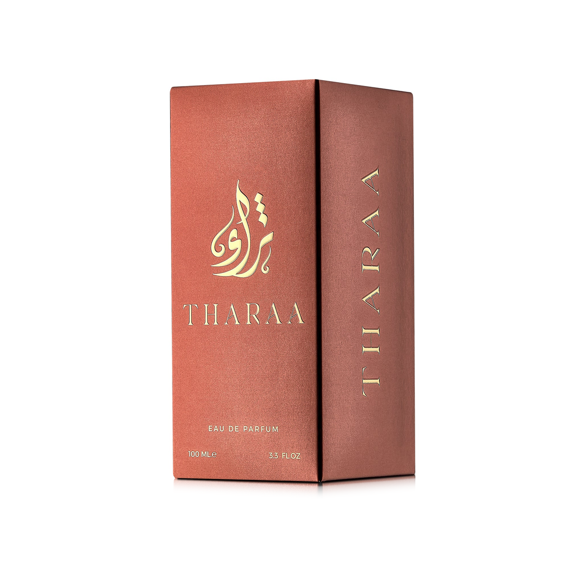 Tharaa Perfume 100 ml brick-red box with gold lettering on a white background