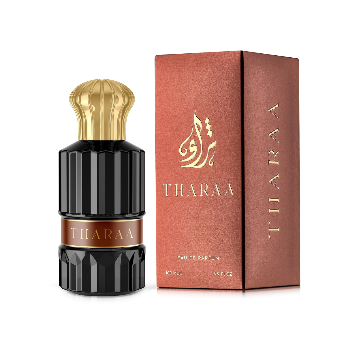 عطر ثراء 100 مل بزجاجة سوداء مضلعة وغطاء ذهبي بجانب علبته الحمراء الطوبية على خلفية بيضاء