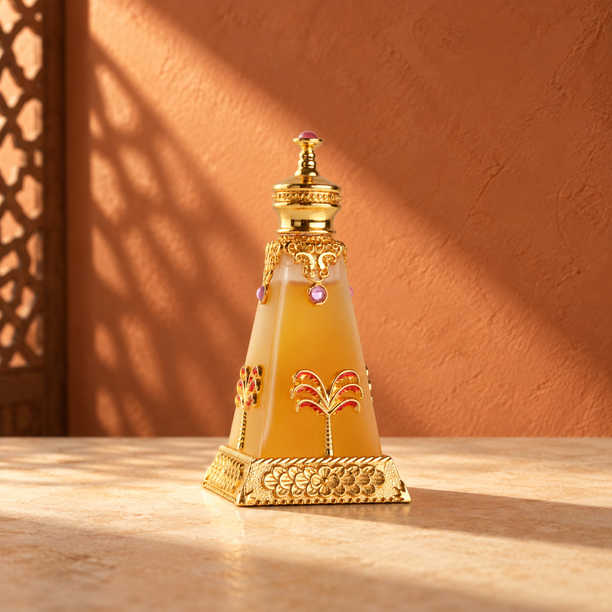 Zhrat Albsateen perfume bottle with amber liquid and gold ornament on cream stone against a warm terracotta wall in angled sunlight.