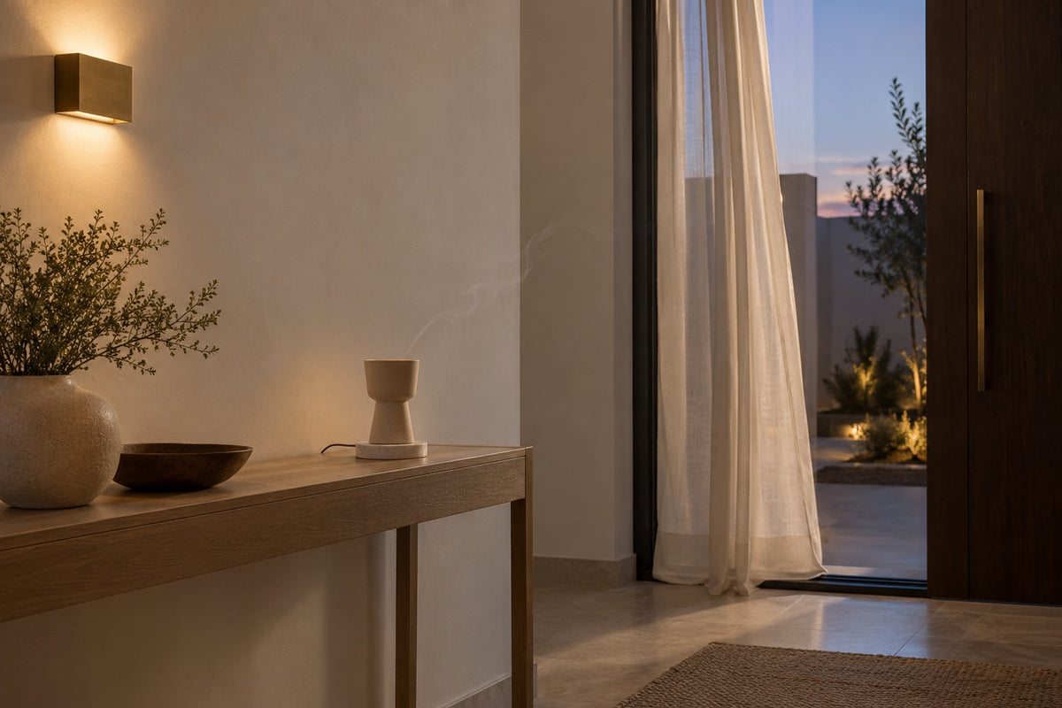 A ceramic electric incense burner on a console table in a home entrance, with a thin wisp of smoke drifting towards an open glass door