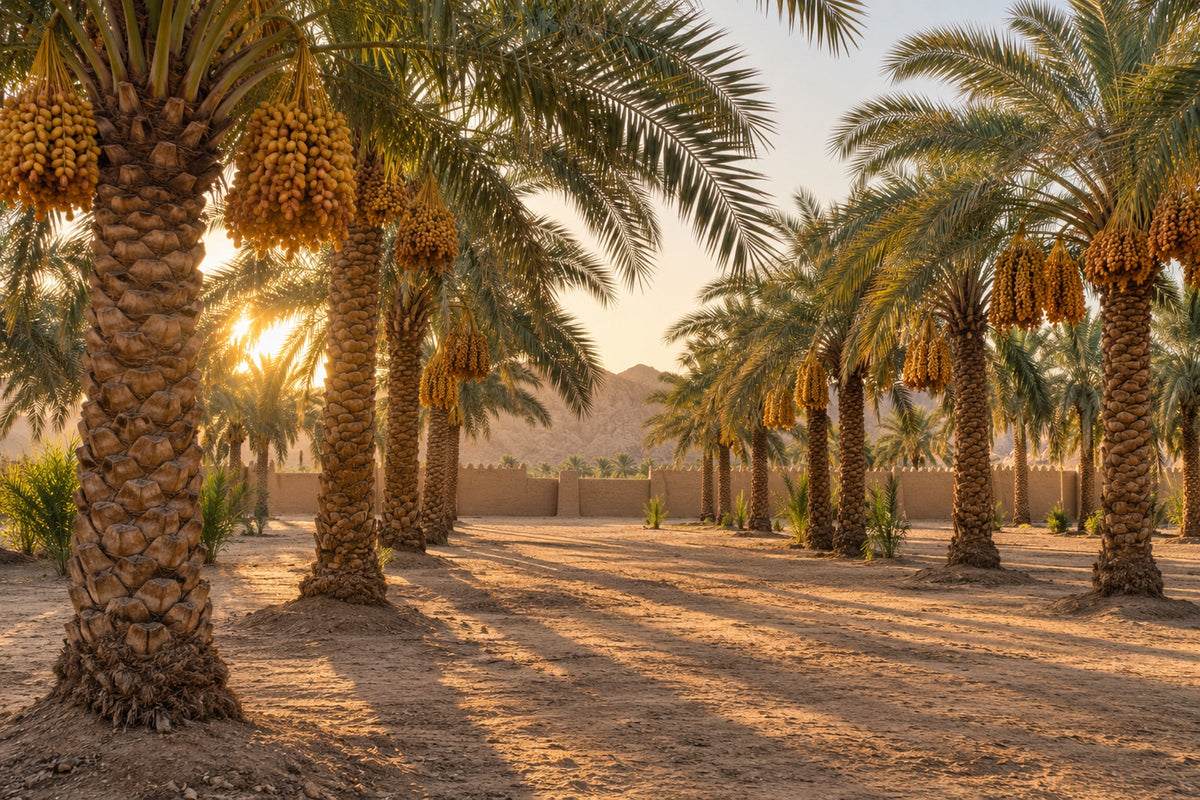 A date palm farm with clusters of yellow dates shortly before sunset, and a mud wall at the far end