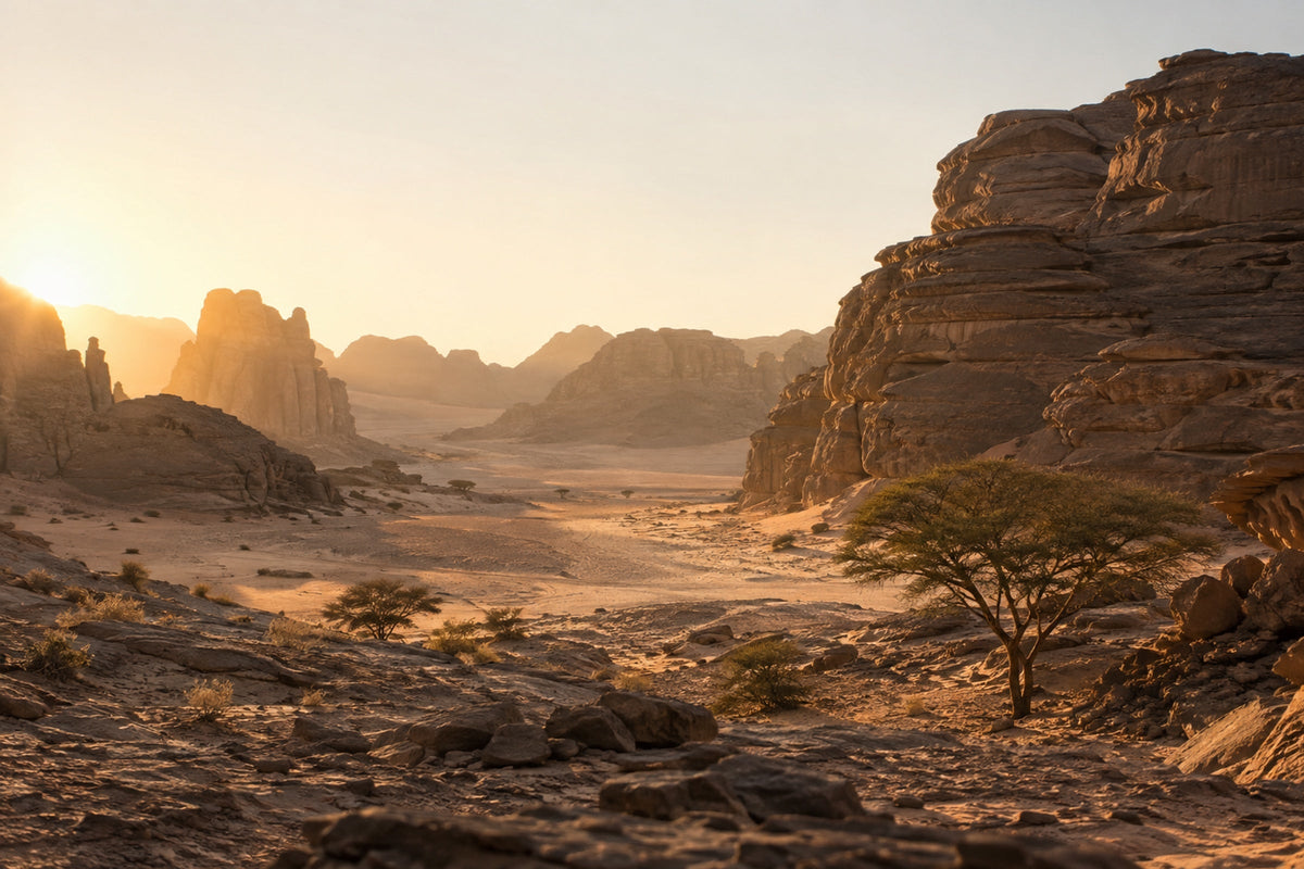 وادٍ صحراوي بين جبال من الحجر الرملي عند الغروب، وفيه شجرة صحراوية