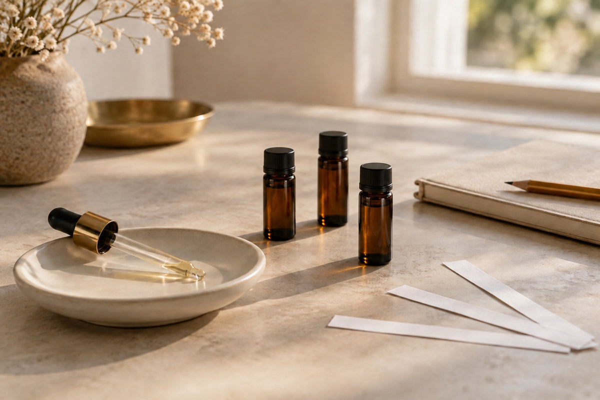 Three small amber vials and a dropper in a ceramic dish, with test strips and a notebook on a stone surface