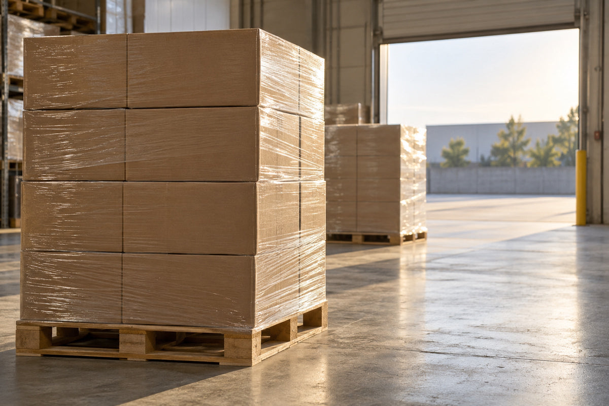 Sealed cartons on a wooden pallet wrapped in clear film, beside an open loading door in a warehouse