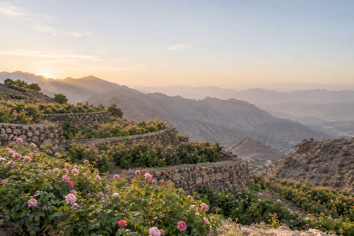 Rose terraces on a mountainside at dawn, with misty mountain ranges behind them