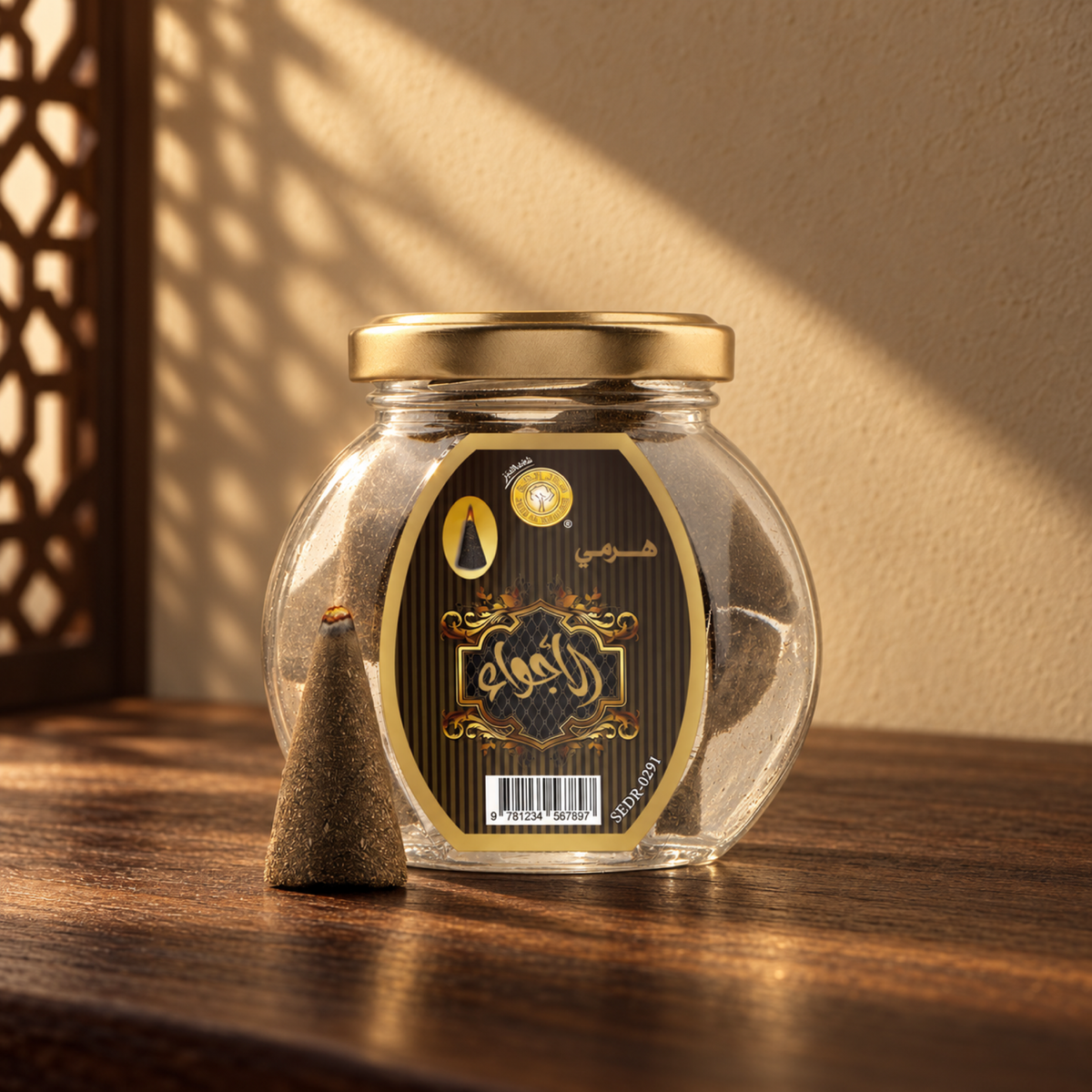 Al-Ajwaa Pyramid Maamoul 50 g from Sedr Al-Khaleej; round glass incense jar with a gold lid and one cone in front on walnut wood in angled sunlight.