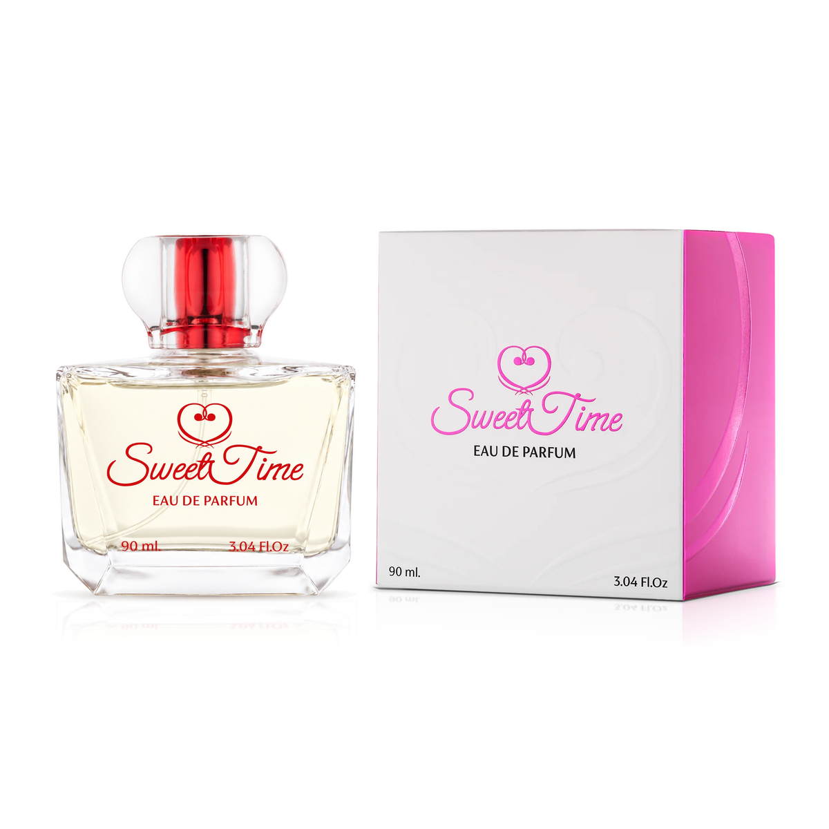Sweet Time perfume from Al Durra Bundle with red cap beside its white and pink box on a white background