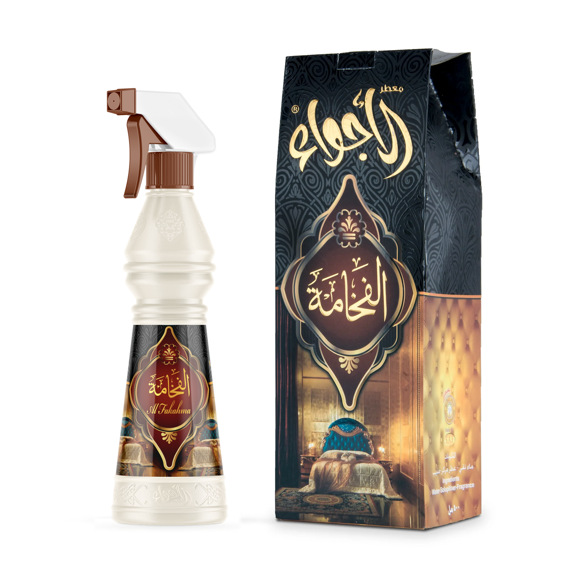 Al-Fakhama Air Freshener 500 ml, white bottle with brown sprayer beside its dark ornate box on a white background