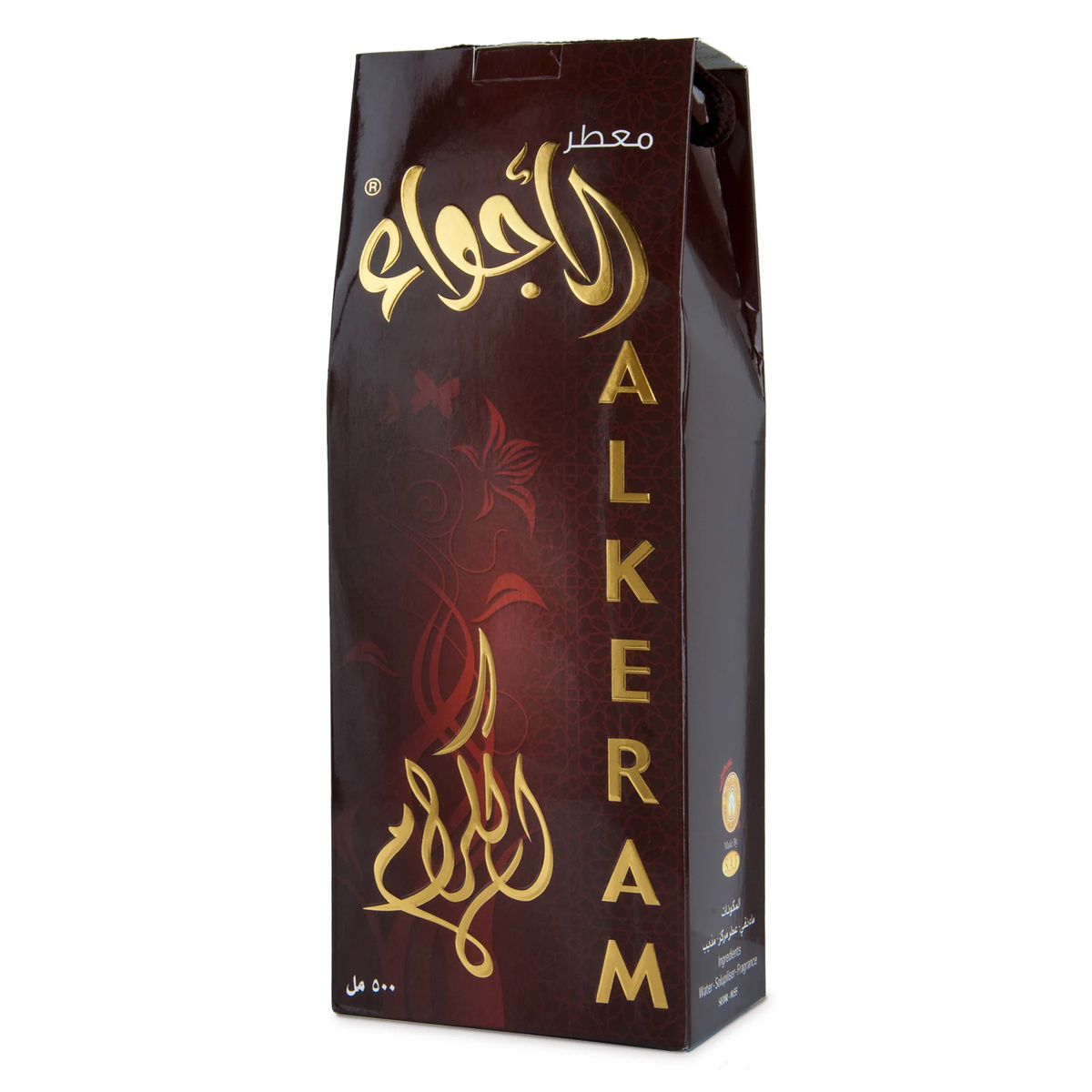 Al-Keram Air Freshener maroon box with gold ALKERAM lettering alone on a white background