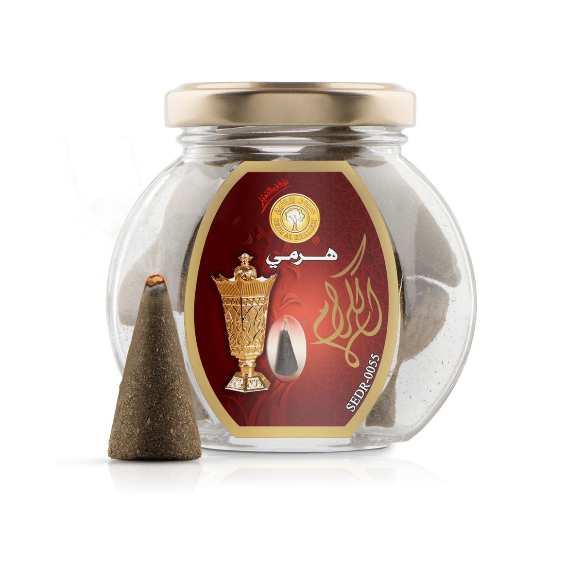 Al Keram Haramy maamoul in its glass jar, with a cone-shaped incense piece in front