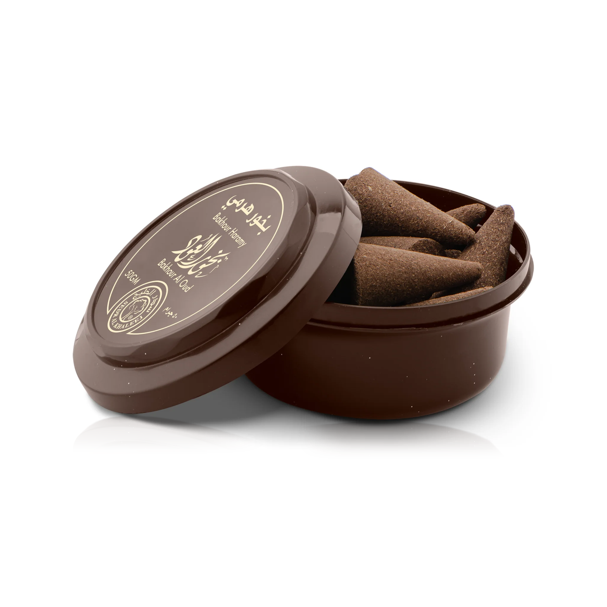 Bakhour Al-Oud Pyramid Bakhoor 50 g in an open round brown tub filled with cones