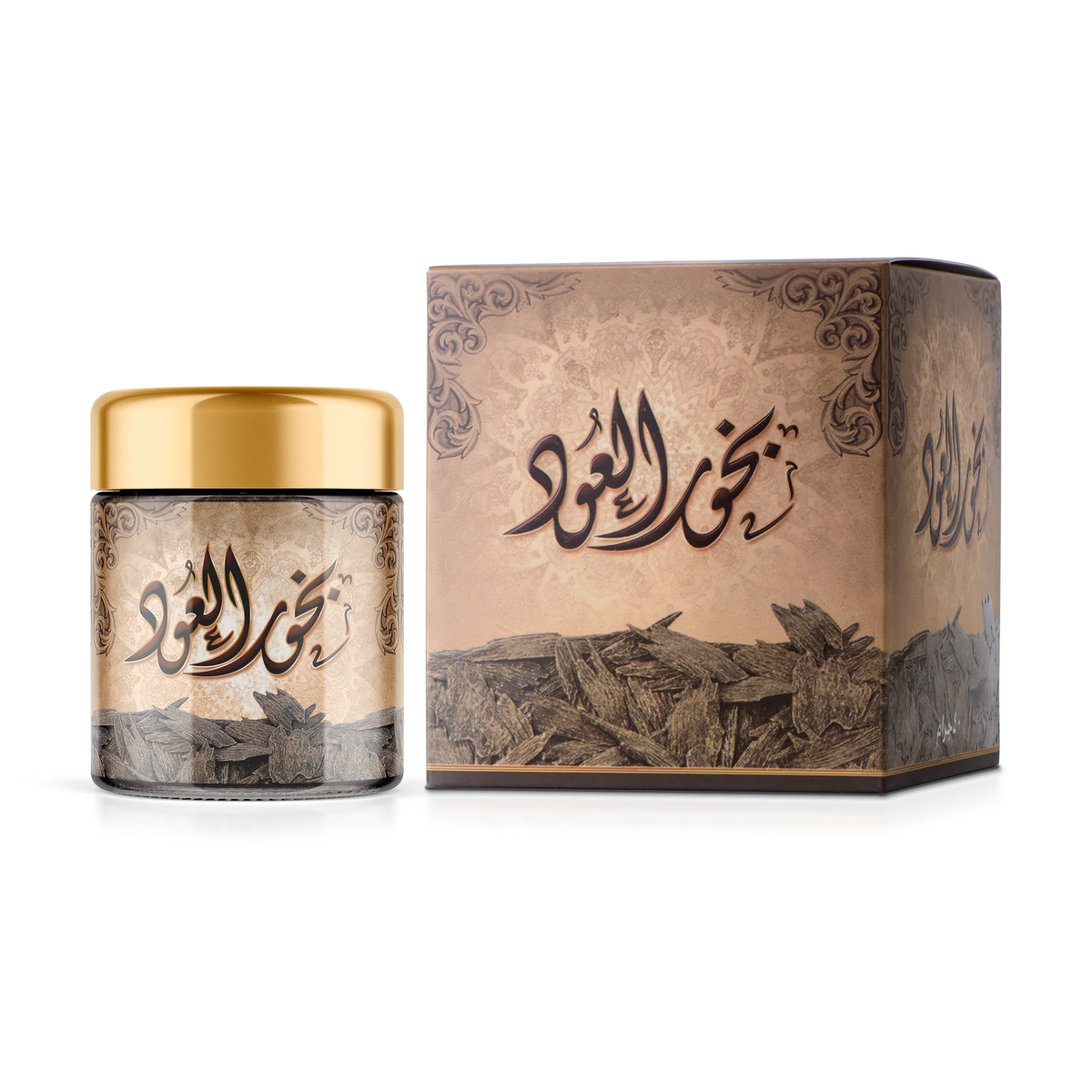 علبة بخور العود 40 جرام بجانب غلافها الكرتوني