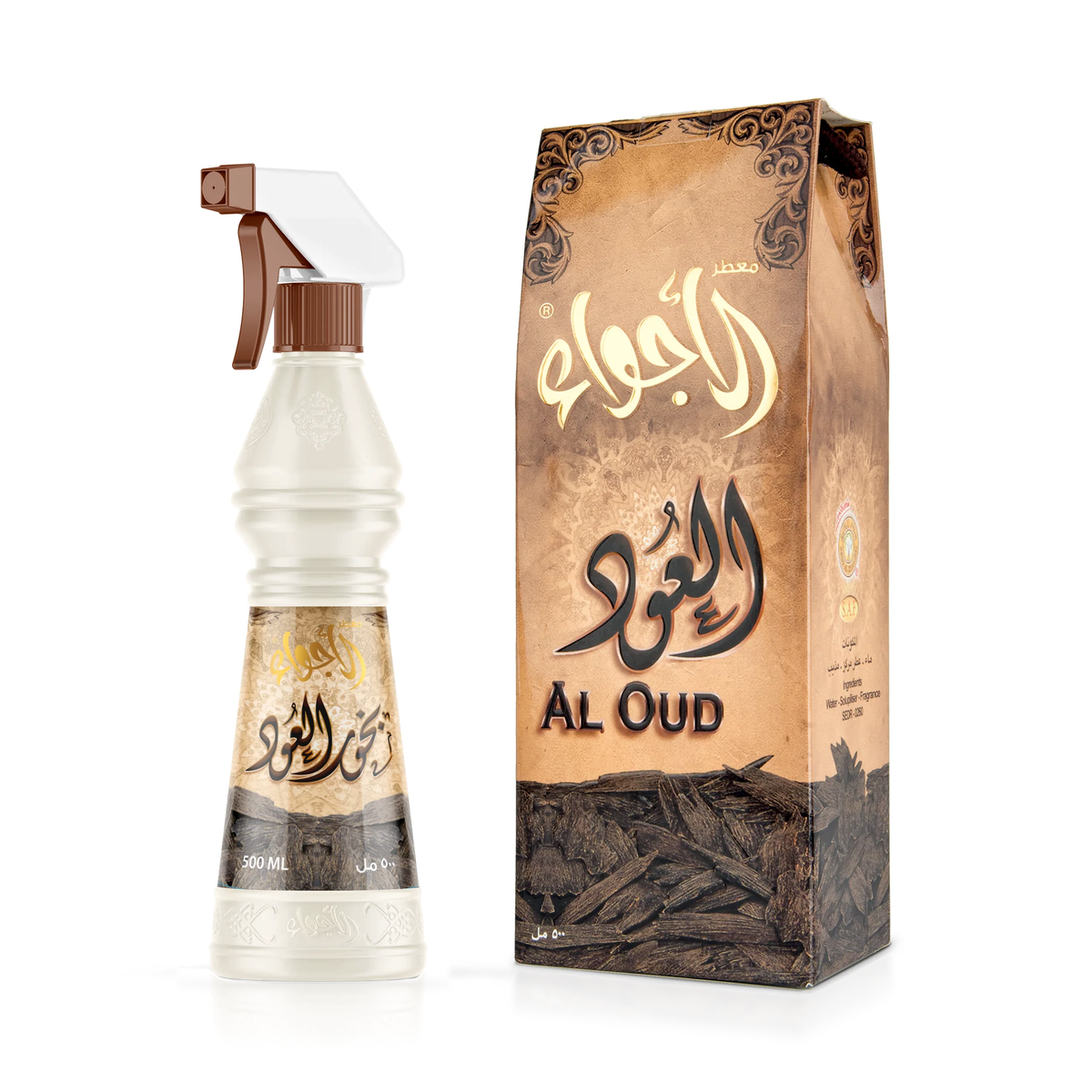 معطر الأجواء العود 500 مل: عبوة بيضاء ببخاخ بني بجانب علبتها الكرتونية البنية على خلفية بيضاء
