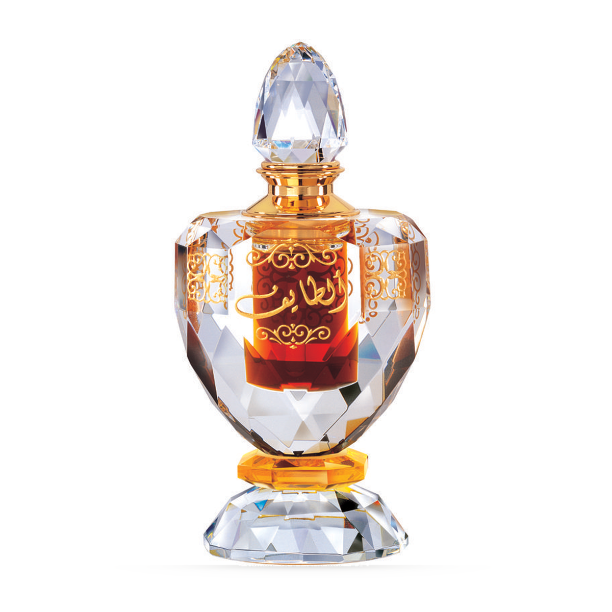 Dehn Oud Al-Taif 15 ml in a faceted crystal bottle with gold detailing and a crystal stopper on a white background