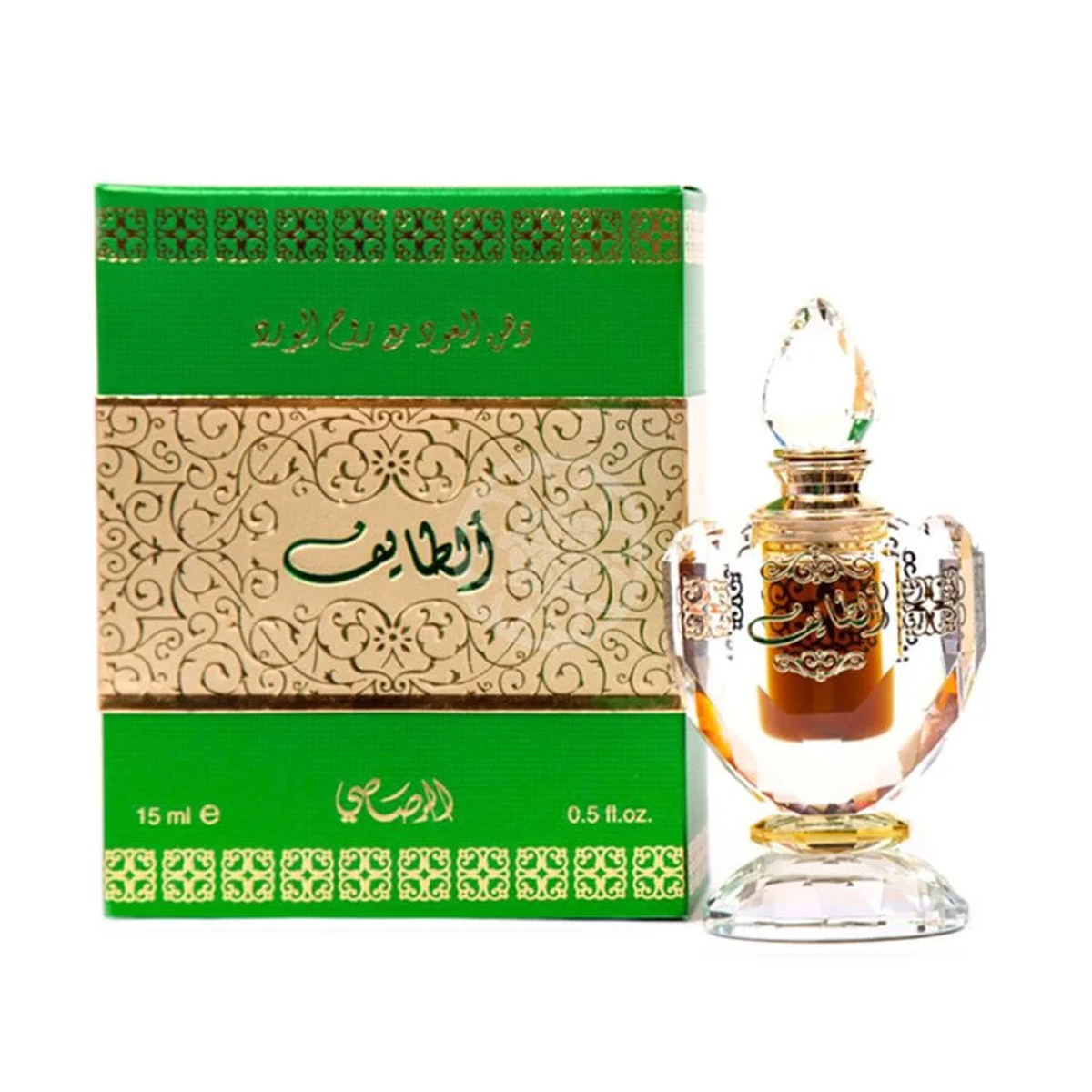Dehn Oud Al-Taif 15 ml: a crystal bottle beside its green and gold box on a white background