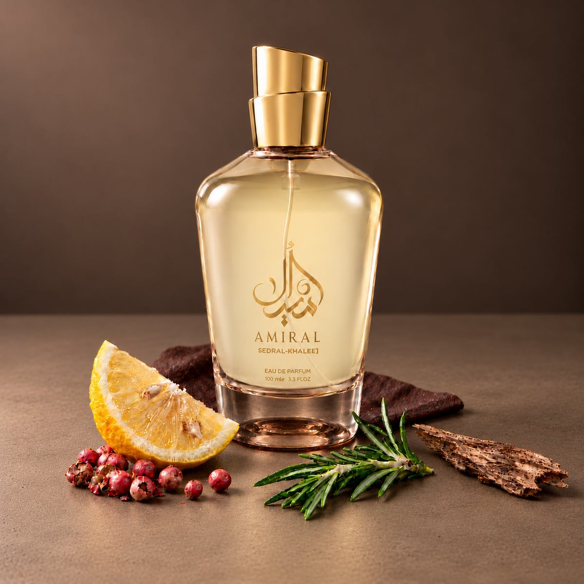 عبوة عطر أميرال 100 مل مع البرغموت والفلفل الوردي وإكليل الجبل وكسر العود على سطح هادئ
