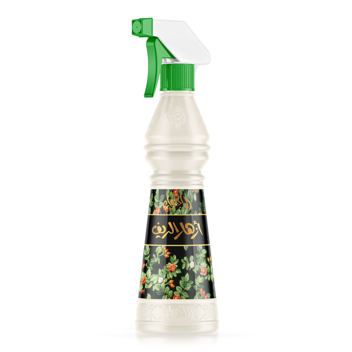 Azhar Al-Reef Air Freshener 500 ml: a white bottle with a green trigger and a black floral label on a white background